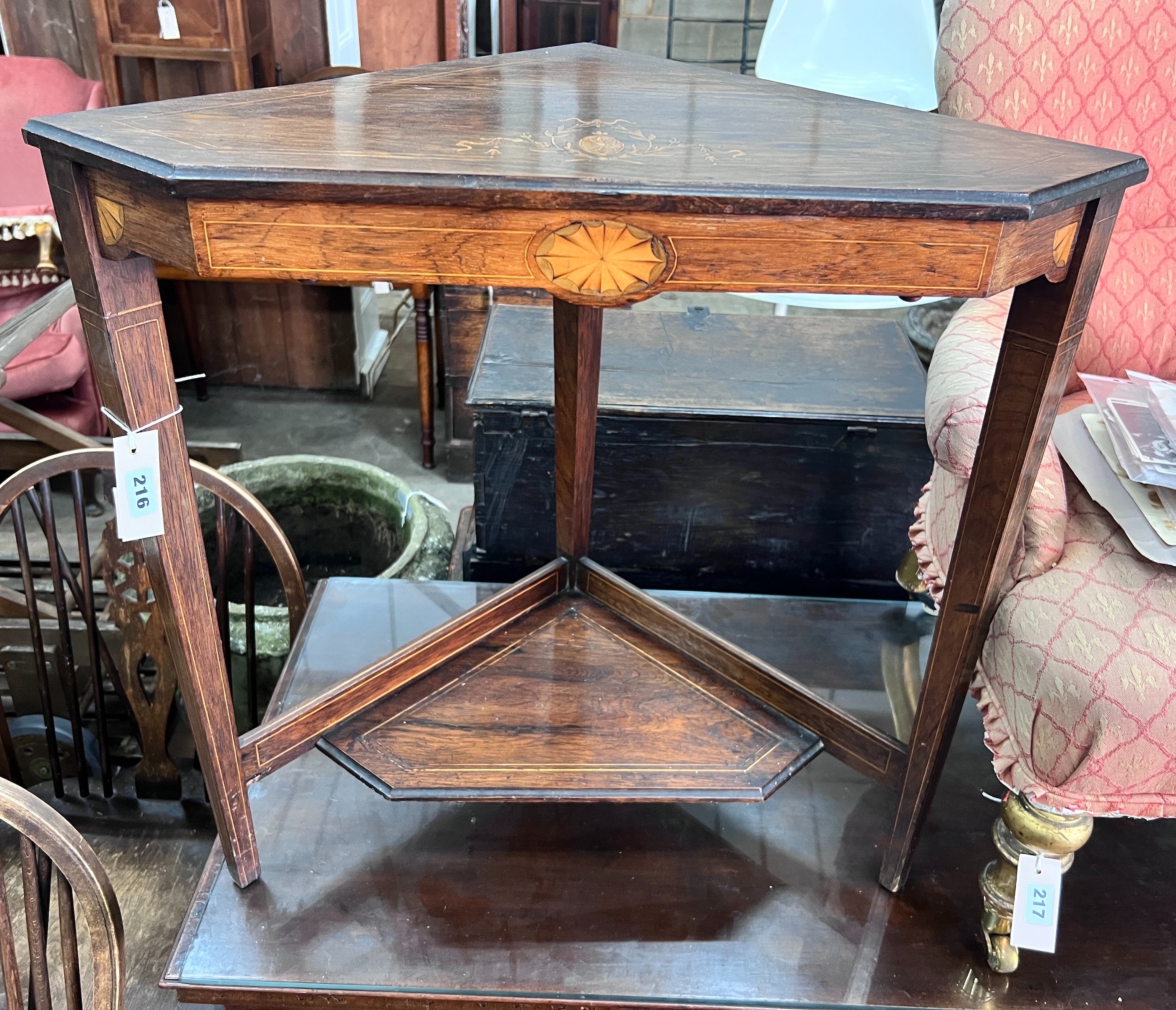 An Edwardian marquetry and rosewood corner table, width 69cm *Please note the sale commences at 9am.
